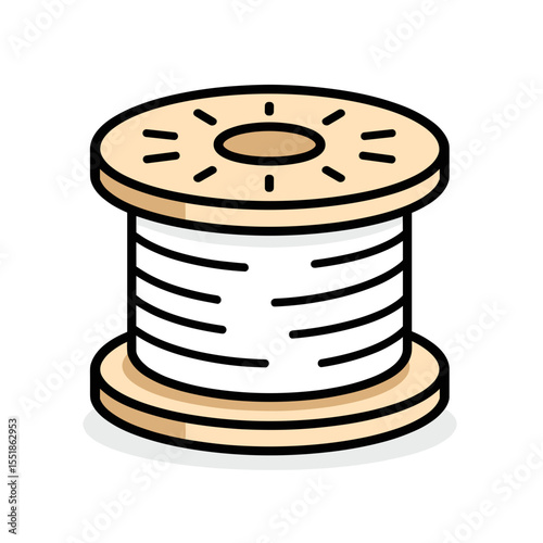 Illustration of a Wooden Spool with White Thread, Sewing and Crafting Material, Vector Graphic