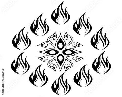 Fire Icons in Vintage 90s Flame Silhouette Vector Set. Tattoo Style and Motorcycle Flame Symbols in Bold Black for Flammable Product Labels, Bonfire Warnings, and Heat Designs.

