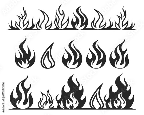 Fire Icons in Classic Tattoo Vector Design. Retro 90s Flame Silhouettes in Black for Heat Product Graphics, Flammable Liquid Warning Labels, Motorcycle, and Bonfire Themes.

