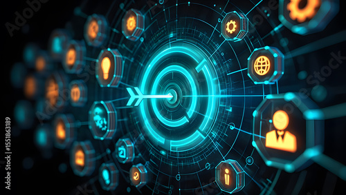 Wallpaper Mural Futuristic Digital Target with Arrow Hitting the Center, Surrounded by Tech Icons, Representing Precision, Accuracy, and Achieving Goals in the Digital World Torontodigital.ca