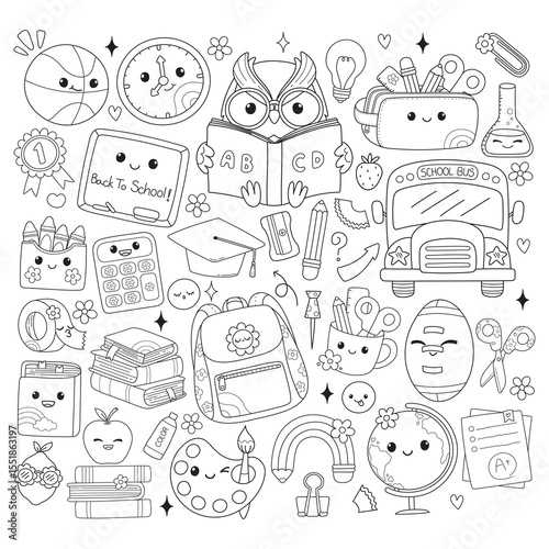Cute Back to School, Teacher Elements Doodle Cartoon Style Hand Drawn Outline Coloring Page Vector