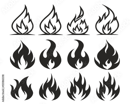Bold Tattoo Flame Icons Vector Set in Black. Classic 90s Retro Fire Silhouette Collection for Heat Product Symbols, Fuel Warnings, and Motorcycle and Hot Rod Themed Illustrations.

