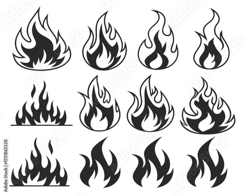Retro Style Fire Icon Vector Set. Black Flame Silhouettes for Motorcycle Graphics, Tattoo Art, Bonfire Icons, Hot Rod Car Design, and Flammable Product Warning Label Illustration.

