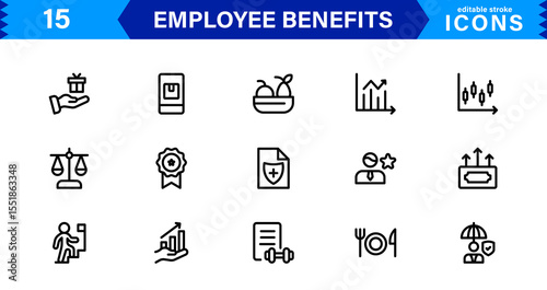 Employee Benefits Icon Set Representing Health, Retirement, Paid Leave, Bonuses, and Work-Life Balance Concepts in a Professional, Minimal Vector Design