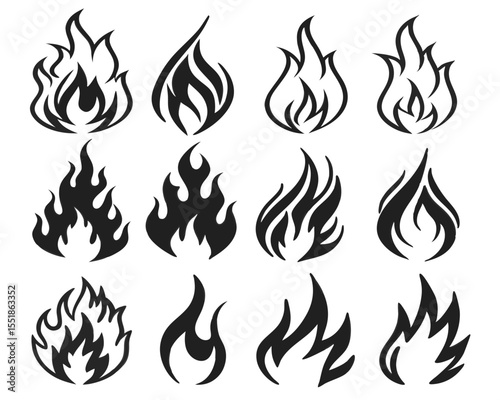 Fire Flame Icon Vector Pack in Classic Outline Style. Retro Tattoo Flame Silhouettes for Hot Product Labels, Motorcycle Graphics, Fuel Warning Icons, and Bonfire Design Themes.


