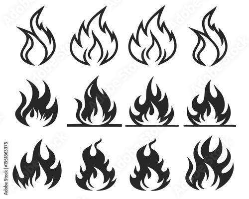 Vector Collection of Fire Flame Icons. Retro 90s Silhouettes for Tattoo Graphics, Motorcycle Aesthetic, Fuel Hazard Labels, Bonfire Designs, and Hot Product Symbol Illustrations.

