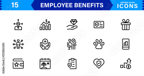 Employee Benefits Icon Set Representing Health, Retirement, Paid Leave, Bonuses, and Work-Life Balance Concepts in a Professional, Minimal Vector Design