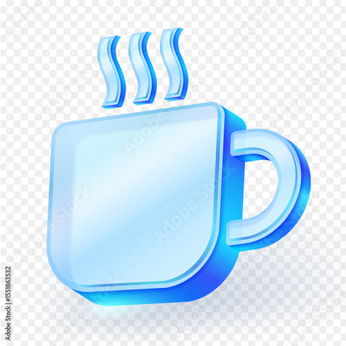 Shiny coffee cup icon light blue glass material on a transparent background. Perfect for drinks, coffee shops or leisure themes. 3D vector illustration.