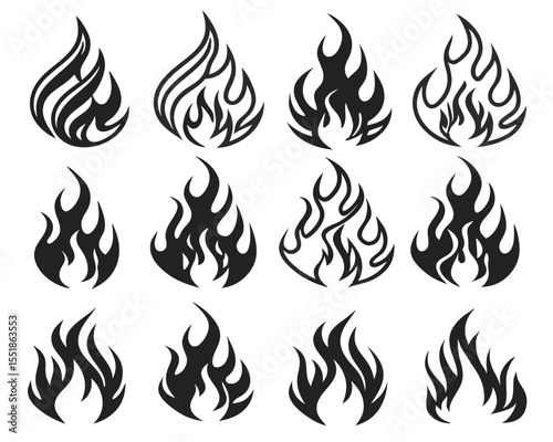 Old School Tattoo Style Fire Icons Vector Set. Bold Flame Silhouettes for Fuel Products, Bonfire Graphics, Heat Warning Symbols, and 90s Motorcycle Flame Art Vector Illustrations.

