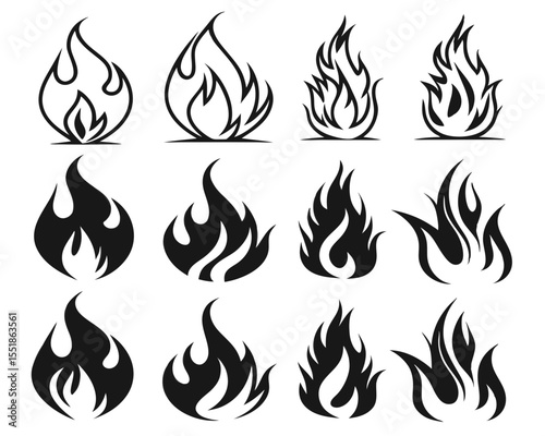 Flame Icon Vector Collection in Retro 90s Aesthetic. Black Silhouette Set of Fire Symbols for Tattoo Art, Fuel Product Labels, Motorcycle Graphics, and Heat Warning Designs.

