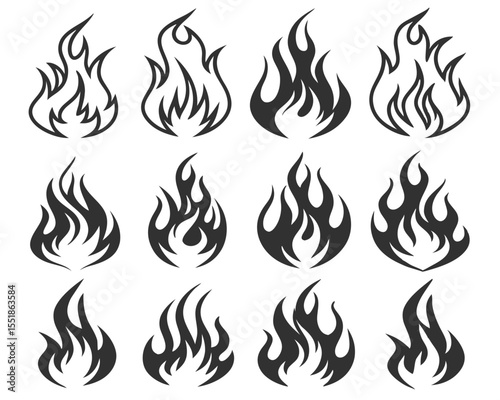 Vector Fire Symbol Silhouettes in Bold Black. Collection of Classic Tattoo Style Flames for Flammable Label Icons, Hot Product Warnings, Bonfire Graphics, and Motorcycle Designs.

