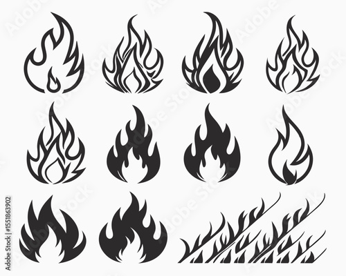 Fiery Icons Vector Set with Black Flame Silhouettes. Retro 90s Tattoo Flame Aesthetic for Fuel Labels, Bonfire Icons, Motorcycle Graphics, and Heat Warning Symbol Vector Illustration.

