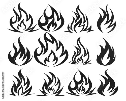 Old School Fire Flame Vector Illustration Set. Black Silhouettes of Heat Icons, Bonfire Flames, and Fuel Hazard Symbols in 90s Tattoo and Hot Rod Car Aesthetic for Graphic Use.

