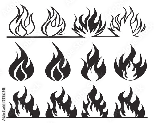 Black and White Fire Icons Set. Retro Silhouette Flame Vector Collection for Motorcycle Design, Tattoo Art, Fuel Warning Signs, and Hot Liquid Symbol Illustrations in Classic 90s Style.

