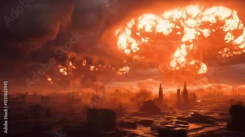 Apocalyptic Nuclear Explosion Over City Silhouettes Under Orange and Red Sky Emitting Fiery Mushroom Cloud of Destruction and Catastrophe