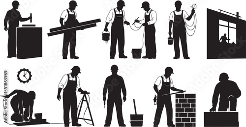 Vector art of silhouettes of construction workers performing various tasks isolated on white background