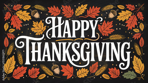 Happy thanksgiving decorative greeting with autumn leaves acorns and wheat stalks on a dark textured background