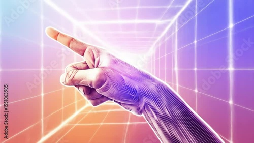 Hand Pointing Towards Futuristic Digital Landscape - A stylized hand points towards a vibrant, gridded digital landscape, evoking a sense of innovation and technological advancement.