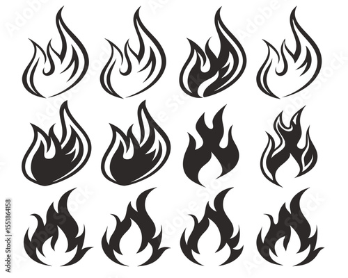 Vector Fire Flame Silhouettes in Retro Tattoo Style. Simple Black Outline Icons for Fuel Warning Labels, Bonfire Design, Hot Rods, and Flammable Product Illustration Needs.

