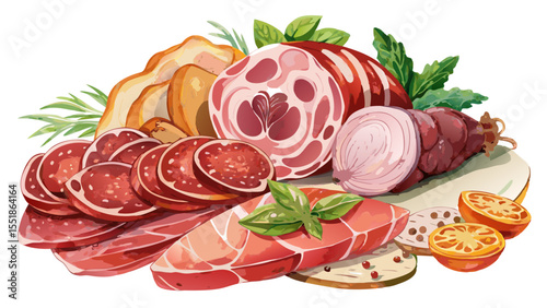 A symphony of sliced cold cuts, robust salami, and succulent ham unfolds in gentle watercolor style. On a white background, the balanced composition tells a story of craft, flavor, and tradition.

