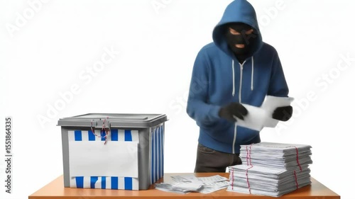 Masked Thief Stealing Ballot Papers from Ballot Box - A hooded figure in a balaclava is shown stealing papers from a ballot box on a table.