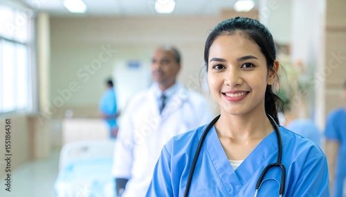 Smiling nurse with doctor in hospital.