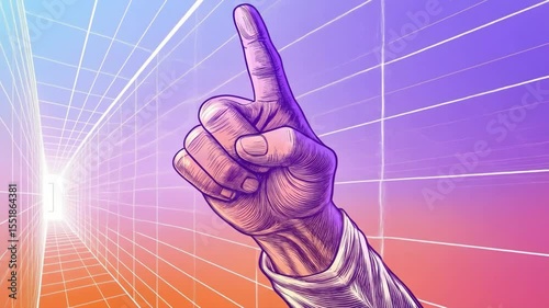 Hand Gesturing Towards Futuristic Corridor - A stylized hand with index finger pointing towards a bright light at the end of a futuristic, gridded corridor.