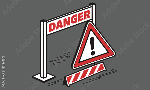 White and red danger with a triangle warning sign on a street road with no background in vector format.