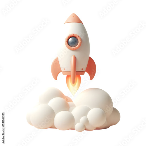 Cute cartoon rocket launching with smoke and fire isolated on white background