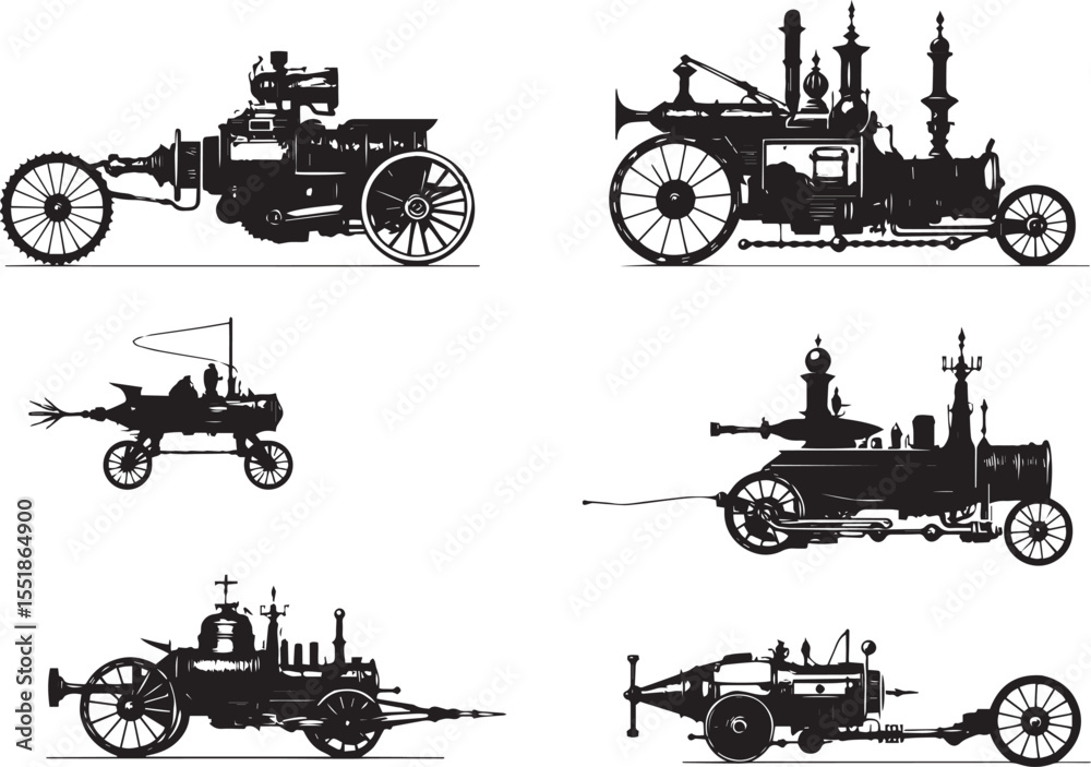 Obraz premium A set of steampunk-style vehicles. Hand drawn vector illustration