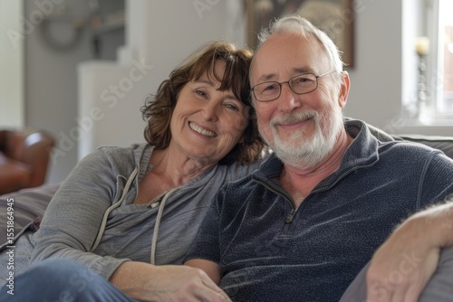 Portrait of a glad caucasian couple in their 60s sitting on the couch relaxing