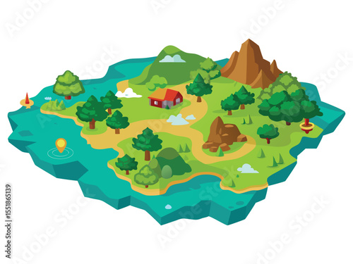 Stylized isometric island landscape with a house trees mountains and water isolated on white background
