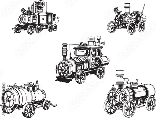 A set of steampunk-style vehicles. Hand drawn vector illustration	