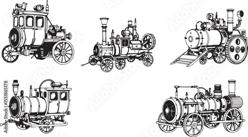 A set of steampunk-style vehicles. Hand drawn vector illustration	