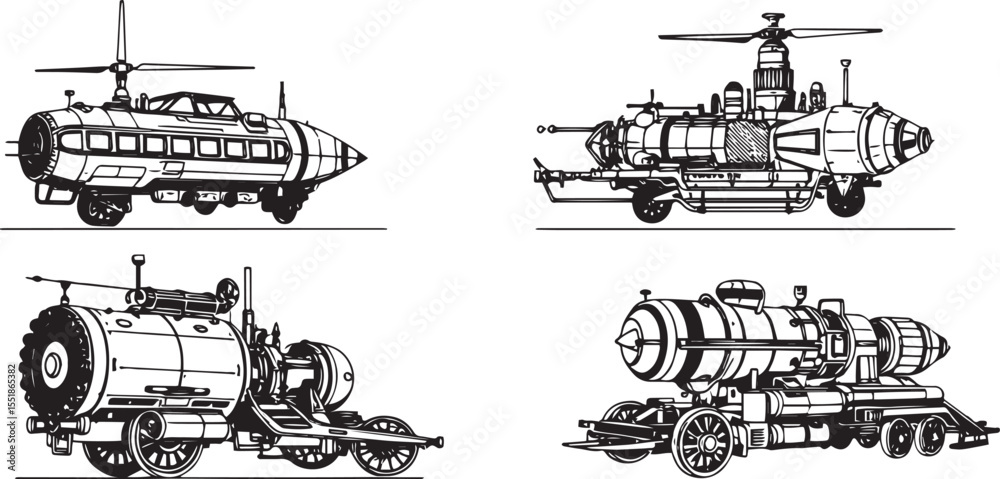 Obraz premium A set of steampunk-style vehicles. Hand drawn vector illustration