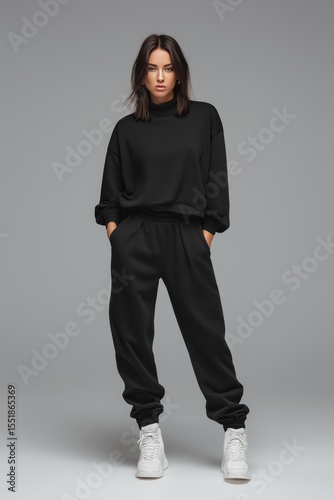 A model wearing a stylish black sweatshirt and matching sweatpants sports suit mockup, posing confidently against a neutral gray background. The outfit is casual yet trendy, perfect for streetwear .