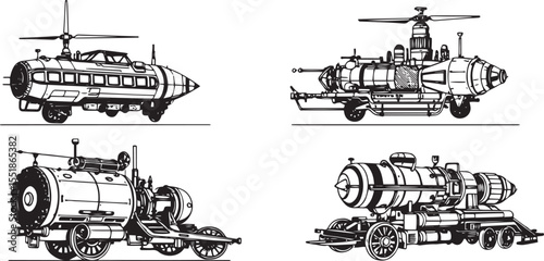 A set of steampunk-style vehicles. Hand drawn vector illustration	
