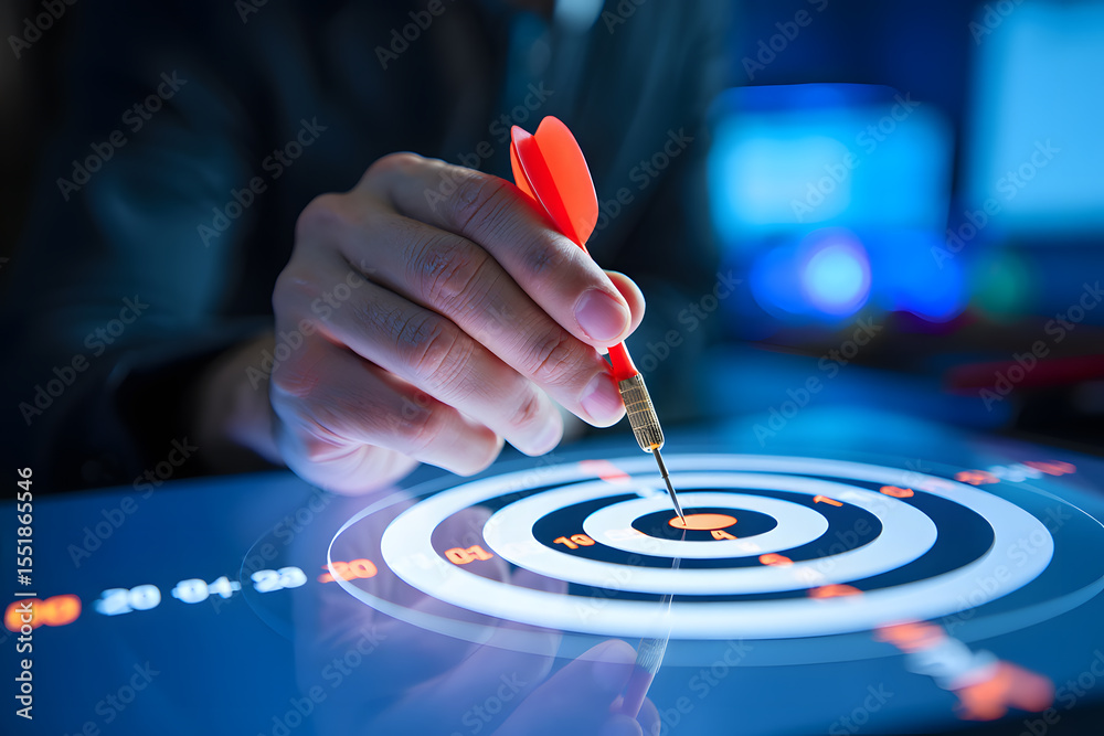 Fototapeta premium Precision Targeting A Dart Hitting Bullseye on Digital Screen for Business Success and Strategic Goal Achievement with Data Analysis and Futuristic Technology