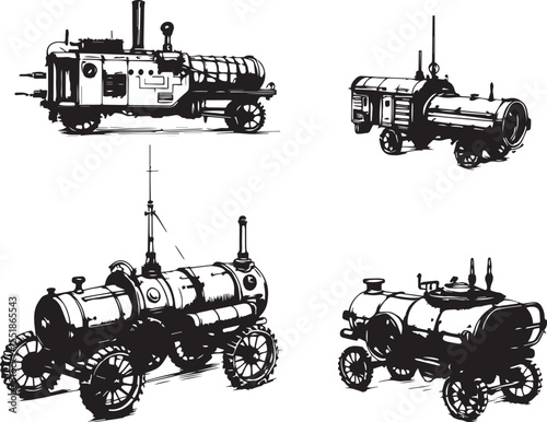 A set of steampunk-style vehicles. Hand drawn vector illustration	
