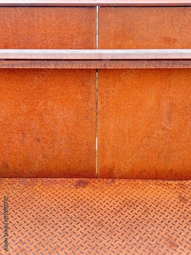 Background: Detail of a wall composed of rusty steel sheets. The floor is made of rusty steel checker plate.