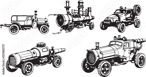 A set of steampunk-style vehicles. Hand drawn vector illustration	