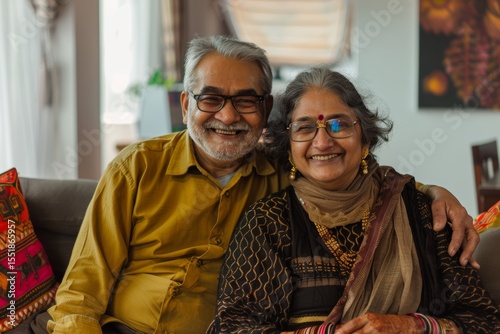 Portrait of a smiling indian couple in their 60s sitting on the couch relaxing
