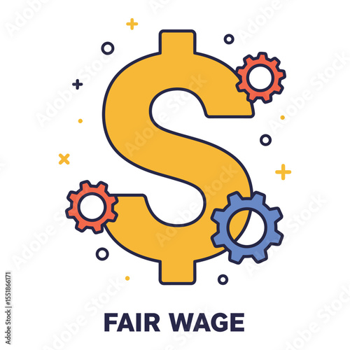 Fair Wage vector illustration with a dollar sign and gears, symbolizing economic justice, labor compensation, and working mechanisms