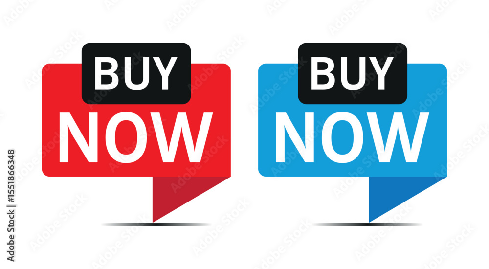 Fototapeta premium red and blue buy now speech bubble labels for online shopping and e-commerce call to action 