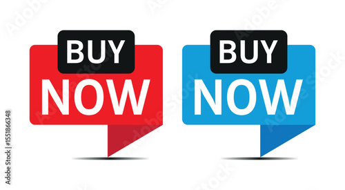 red and blue buy now speech bubble labels for online shopping and e-commerce call to action	
