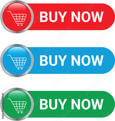 set of colorful buy now buttons with shopping cart icons for online shopping and marketing	