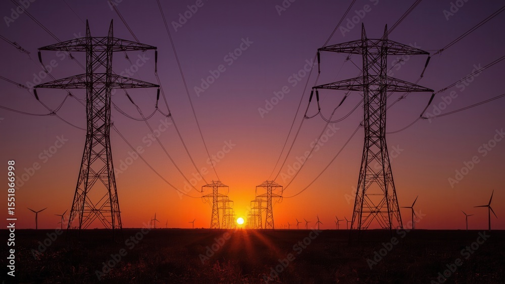 Fototapeta premium High voltage power lines and wind turbines at sunset in a rural landscape, symbolizing renewable energy and electricity transmission
