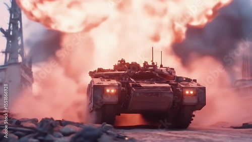Armored Tank Vehicle Driving Through Battlefield with Explosion and Smoke in Background under Orange Sky