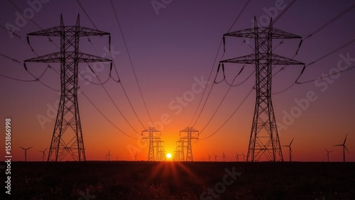 High voltage power lines and wind turbines at sunset in a rural landscape, symbolizing renewable energy and electricity transmission