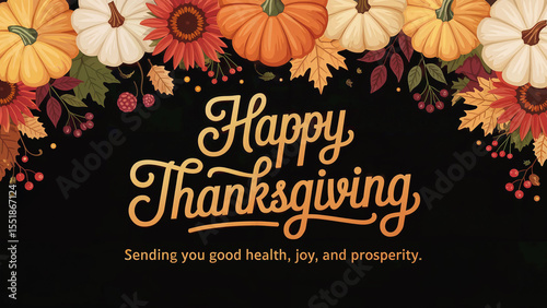 Happy thanksgiving decorative border with pumpkins sunflowers autumn leaves and berries on a black background with a warm greeting message
